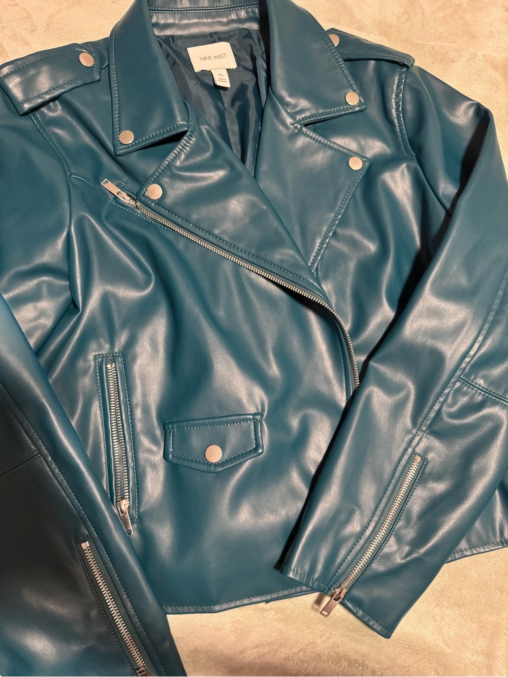 Nine West Teal Faux Leather Moto Jacket with Silver Hardware